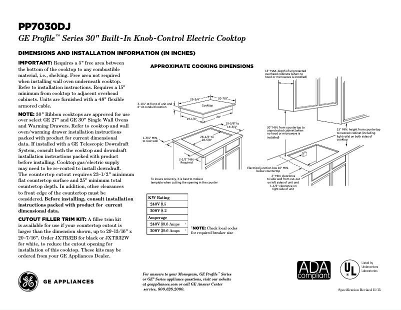 Page 1 of the manual Technical Sheet GE Profile PP7030DJBB