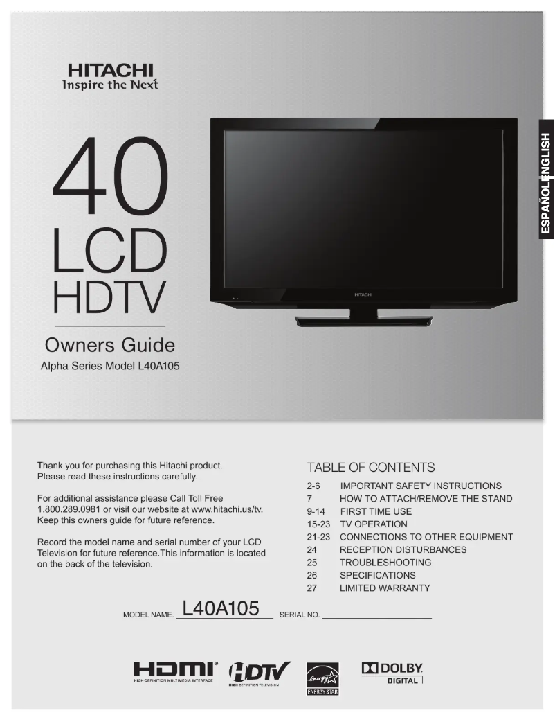 Page n°1 - Manuel utilisateur Hitachi L40A105