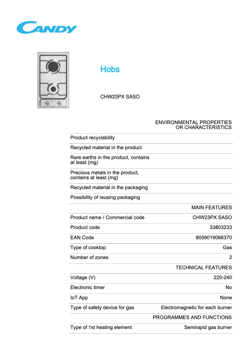 Page 1 de la notice Fiche technique Candy CHW23PX SASO