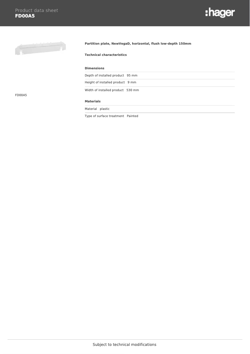 Page 1 de la notice Fiche technique Hager FD00A5