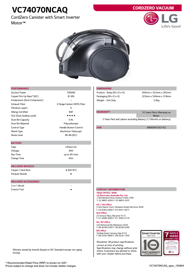 Page n°1 - Fiche technique LG VC74070NCAQ