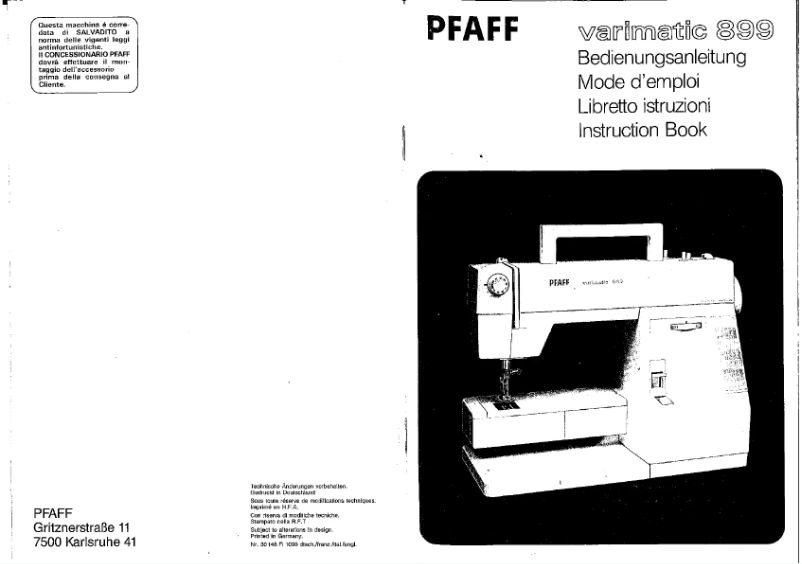 Page 1 de la notice Manuel utilisateur Pfaff varimatic 899