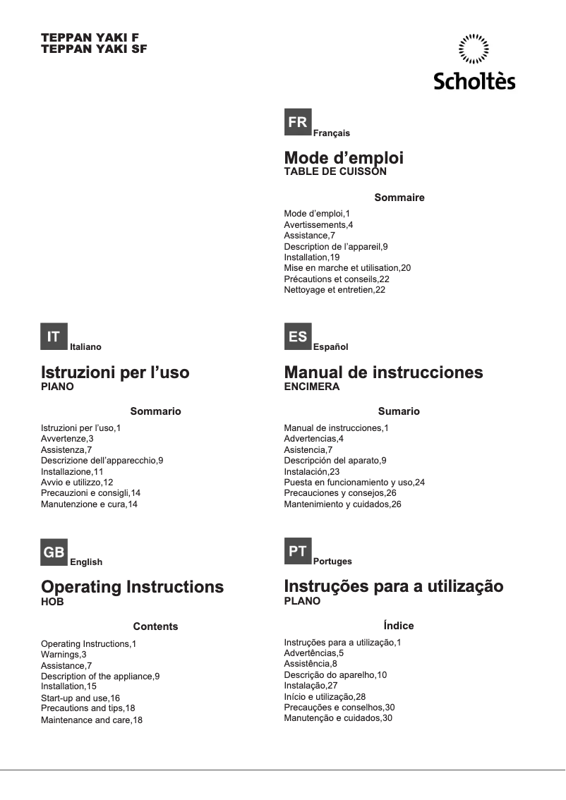 Page 1 de la notice Manuel utilisateur Scholtès Teppan Yaki SF