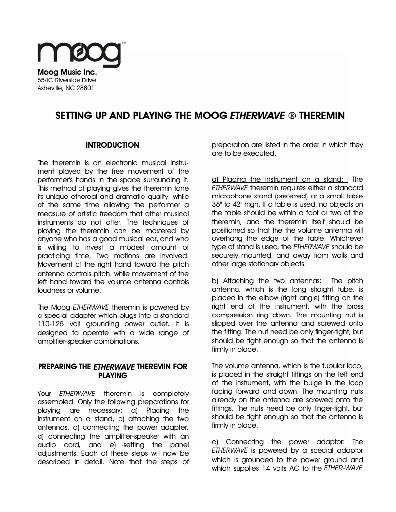 Page 1 de la notice Manuel utilisateur Moog Etherwave Theremin Plus