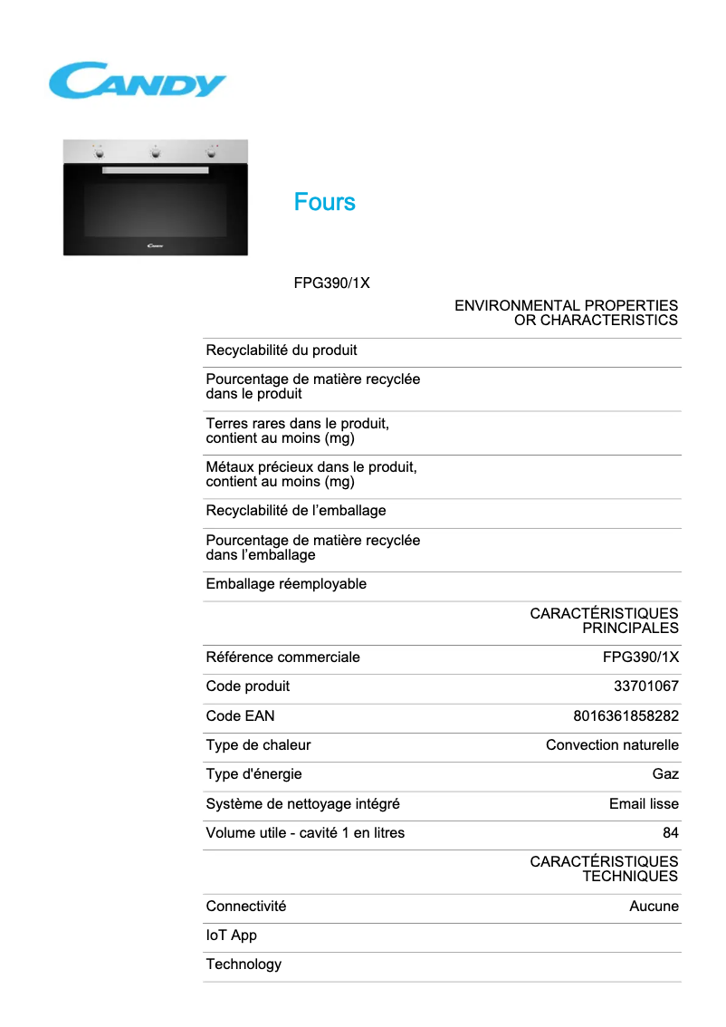 Page 1 de la notice Fiche technique Candy FPG390/1X