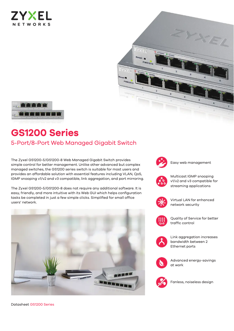 Page 1 de la notice Fiche technique ZyXEL GS1200-8