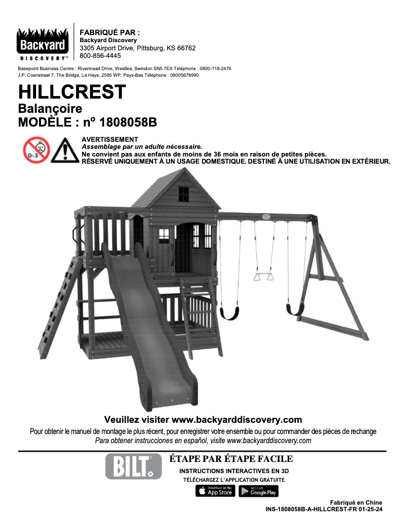 Page 1 de la notice Manuel utilisateur Backyard Discovery Hill Crest