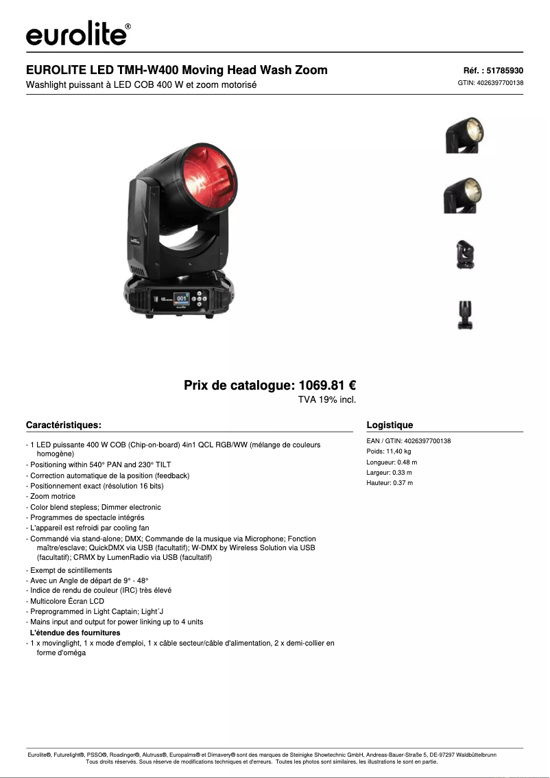 Page n°1 - Fiche technique Eurolite LED TMH-W400