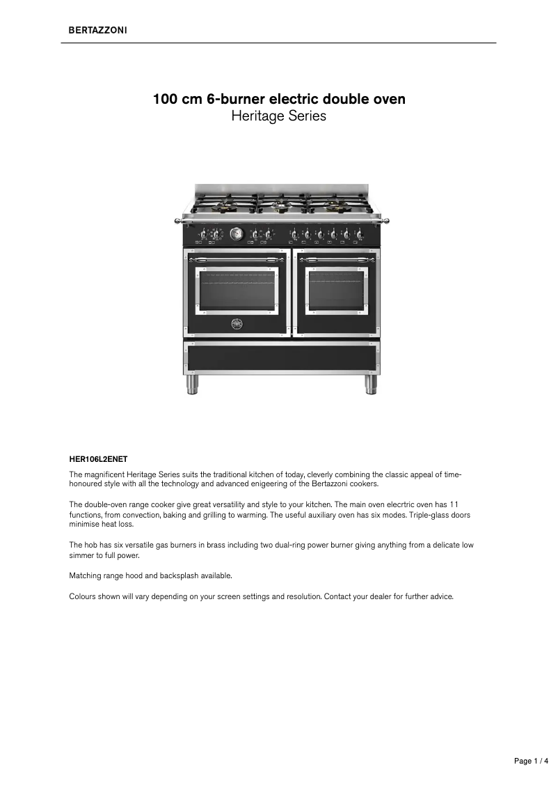 Page 1 de la notice Fiche technique Bertazzoni HER106L2ENET