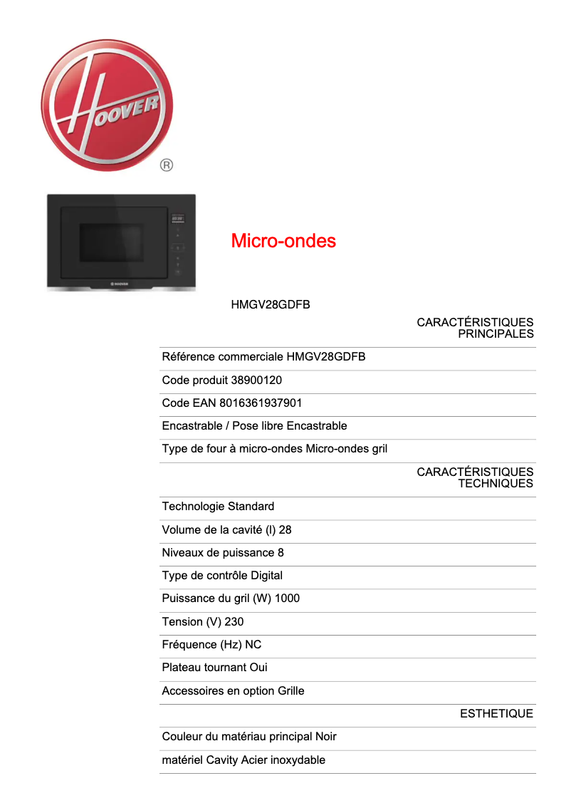 Page 1 de la notice Fiche technique Hoover HMGV28GDFB