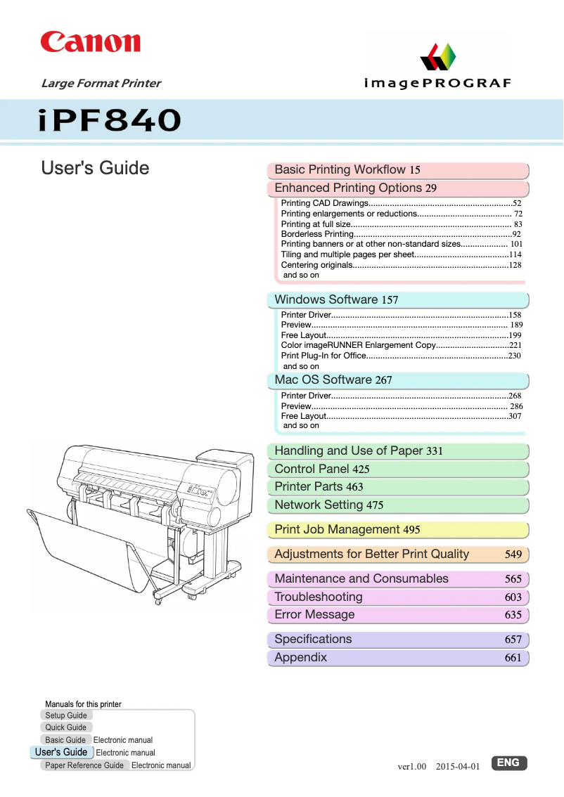 Imagen de la primera página del manual del dispositivo imagePROGRAF iPF840