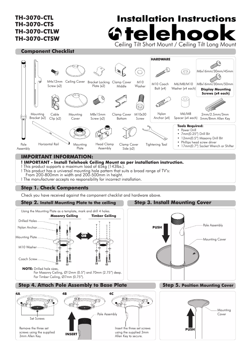 Page n°1 - Manuel utilisateur Atdec Telehook TH-3070-CTSW