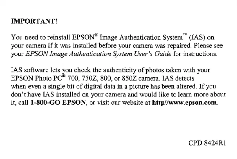 Page 1 de la notice Manuel utilisateur Epson PhotoPC 700