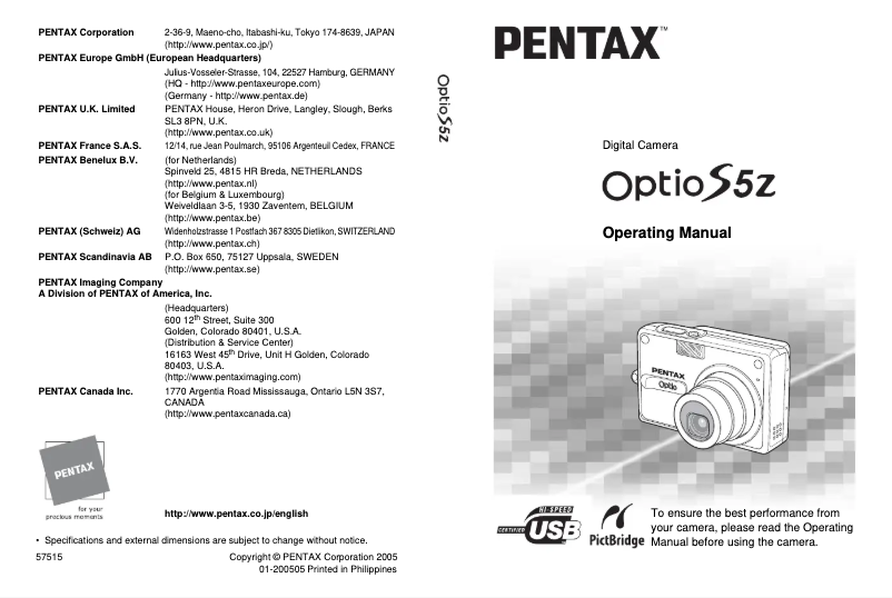 Page 1 de la notice Manuel utilisateur Pentax Optio S5z