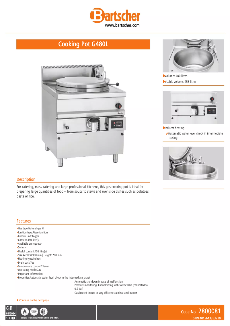 Page 1 de la notice Fiche technique Bartscher G480L