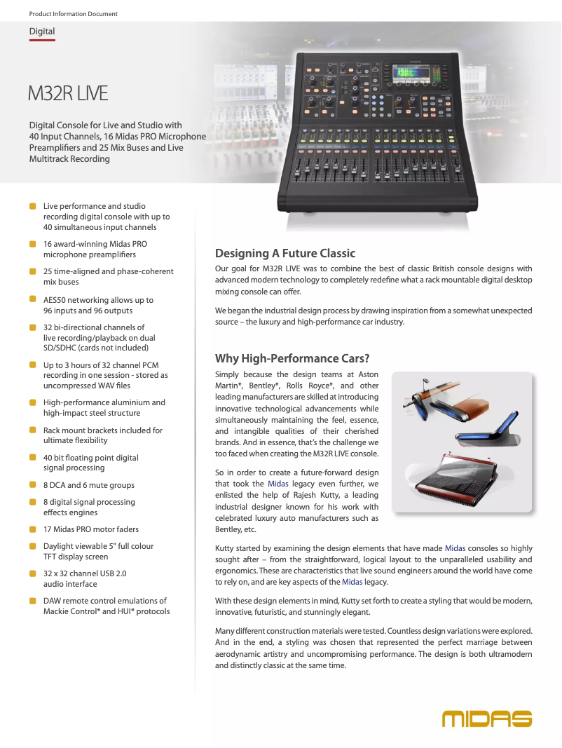 Page 1 de la notice Fiche technique Midas M32R Live