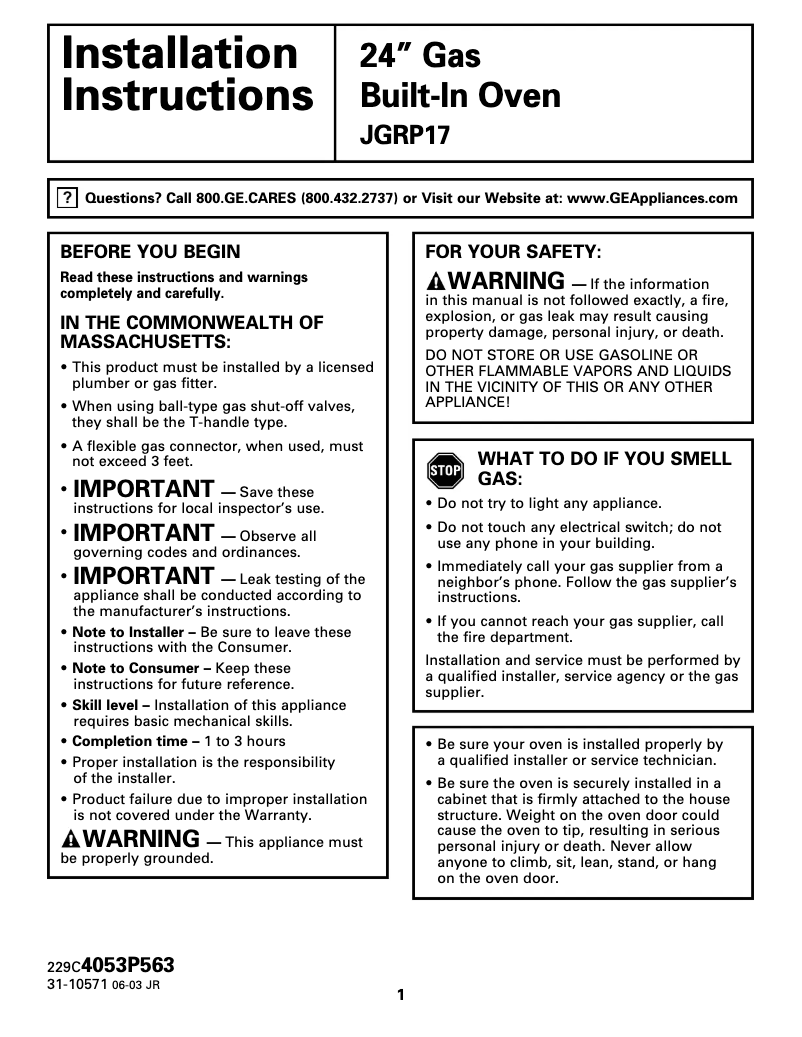 Image de la première page du manuel de l'appareil JGRP17BEWBB