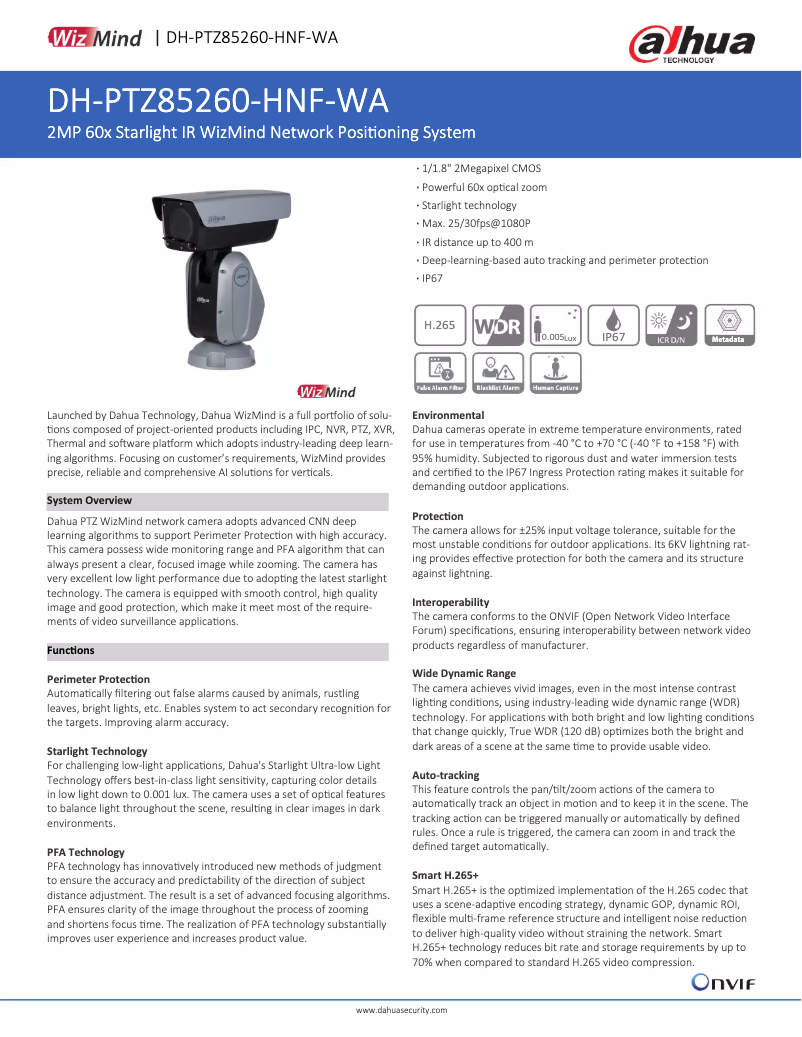 Page 1 de la notice Fiche technique Dahua Technology PTZ85260-HNF-WA