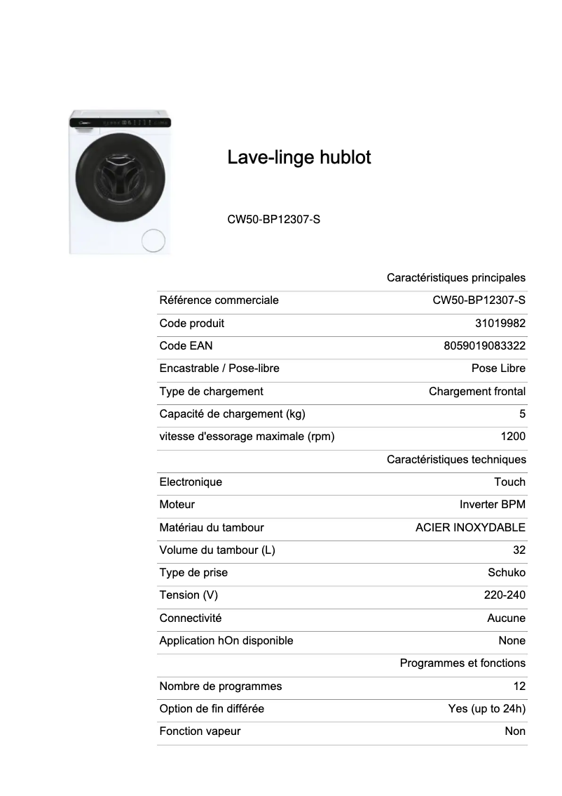 Page 1 de la notice Fiche technique Candy CW50-BP12307-S