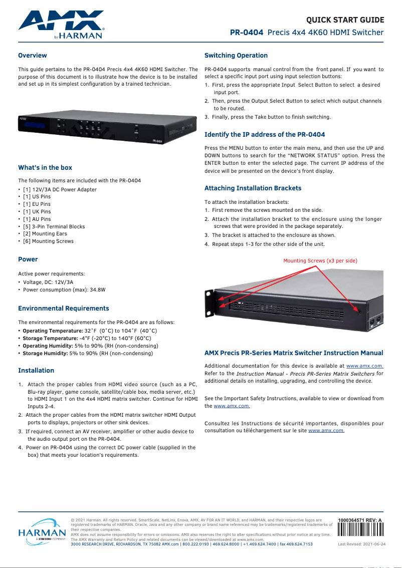 Page 1 de la notice Manuel utilisateur AMX PR-0404