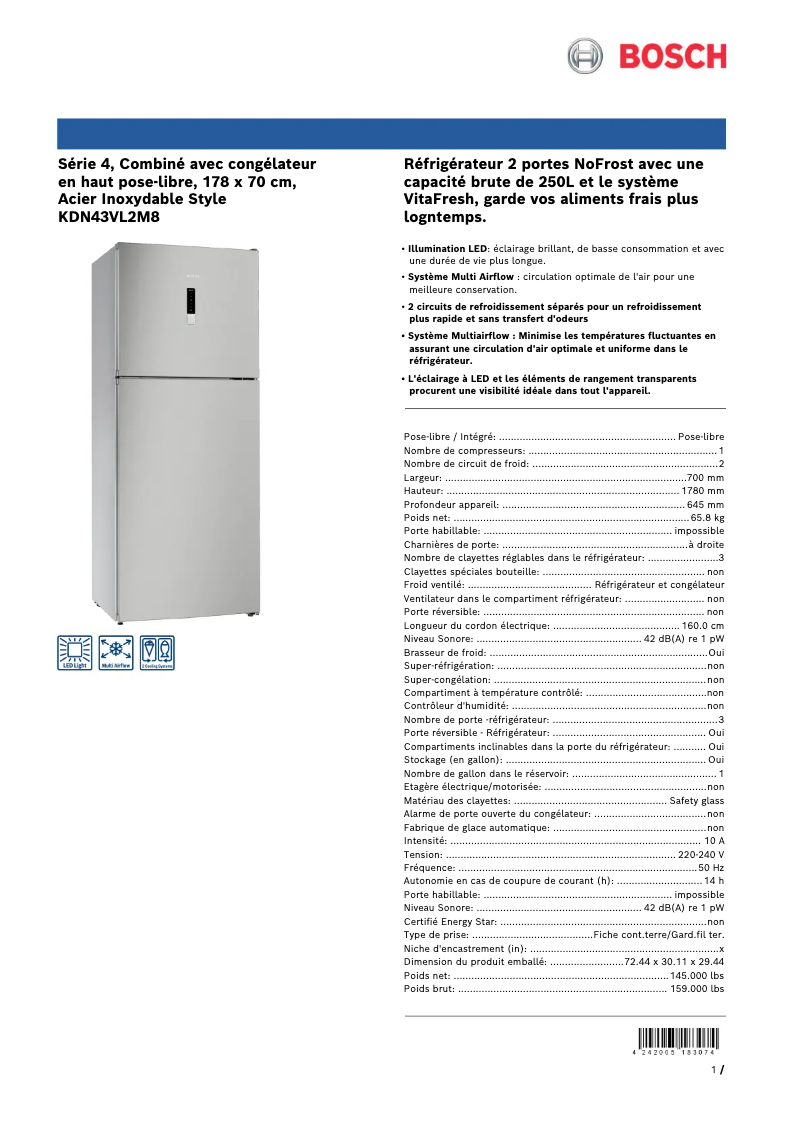 Page 1 de la notice Fiche technique Bosch KDN43VL2M8