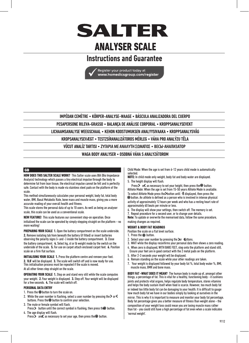 Page n°1 - Manuel utilisateur Salter 9112 BK3R