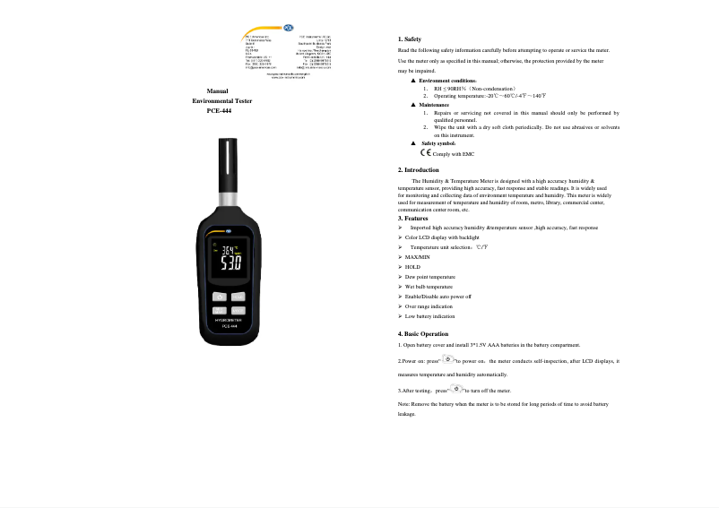Page n°1 - Manuel utilisateur PCE Instruments PCE-444