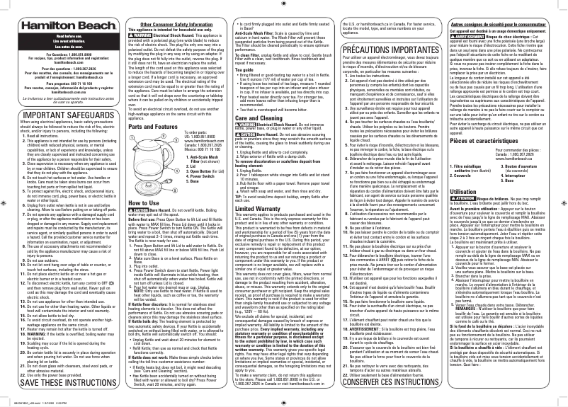 Page 1 de la notice Manuel utilisateur Hamilton Beach 40931C