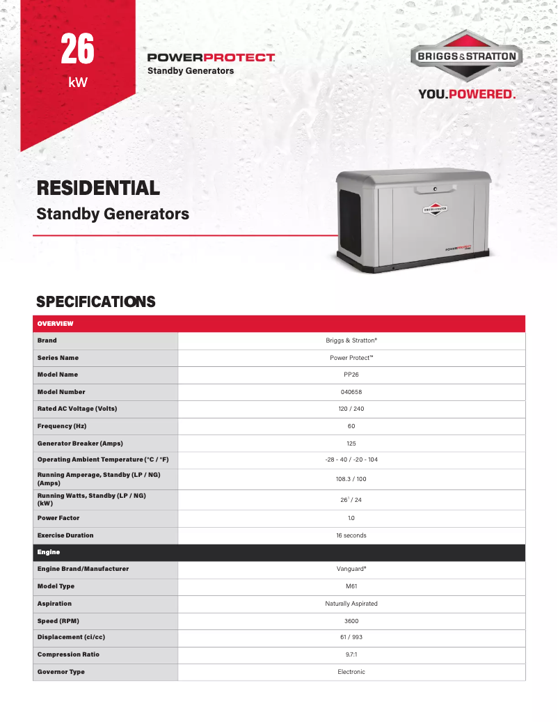 Page 1 de la notice Fiche technique Briggs & Stratton Power Protect 26kW