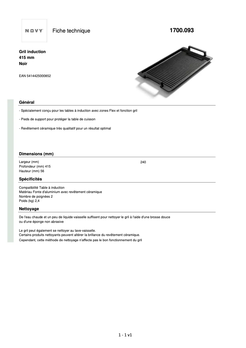 Page 1 de la notice Fiche technique Novy 1700093