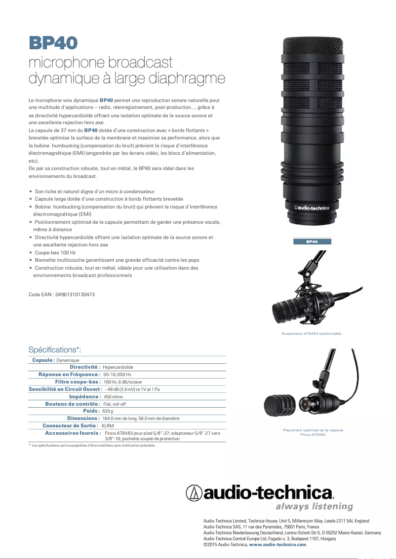 Page n°1 - Fiche technique Audio-Technica BP40