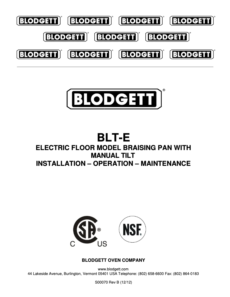 Page 1 de la notice Manuel utilisateur Blodgett BLT-30E