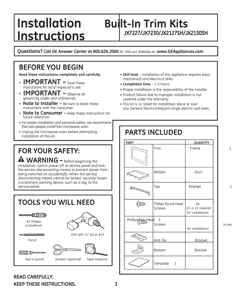 Page 1 de la notice Manuel utilisateur GE JX7227DFBB