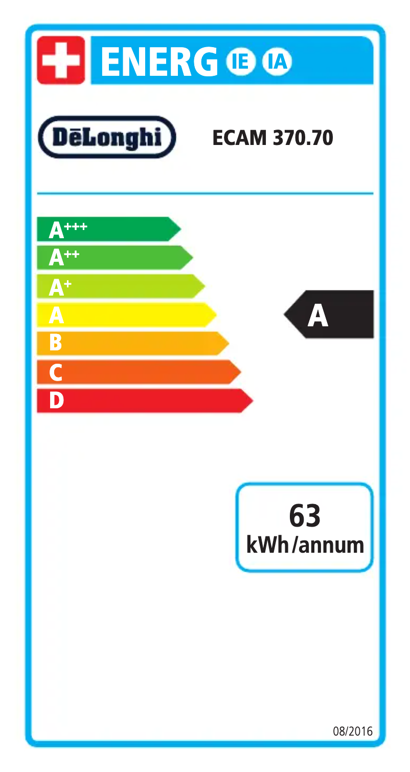 Page 1 de la notice Label énergétique DeLonghi Automatic Dinamica ECAM370.70.SB
