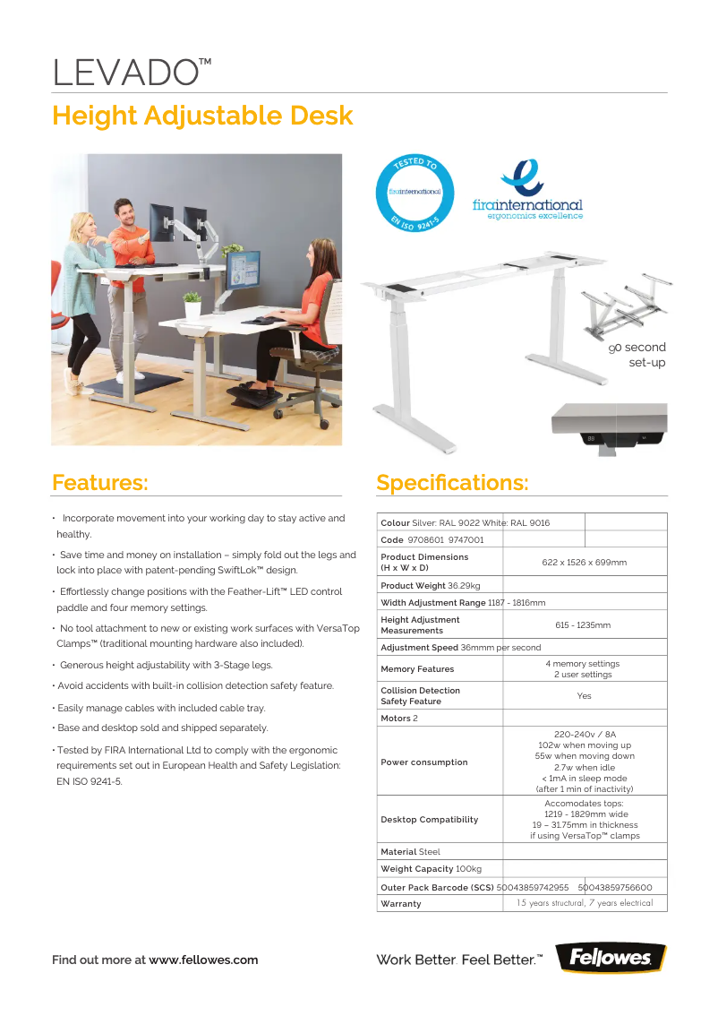 Page 1 de la notice Fiche technique Fellowes Levado