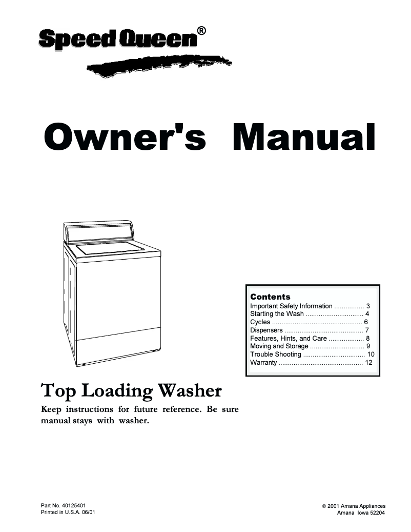 Page 1 de la notice Manuel utilisateur Speed Queen SLW330RAW