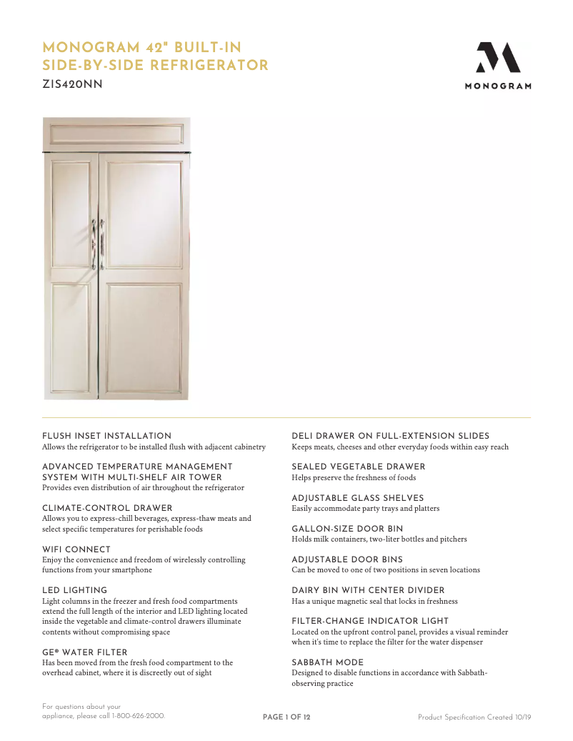 Page 1 de la notice Fiche technique Monogram ZIS420NNII