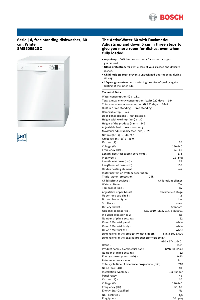 Page 1 de la notice Manuel utilisateur Bosch SMS50E92GC