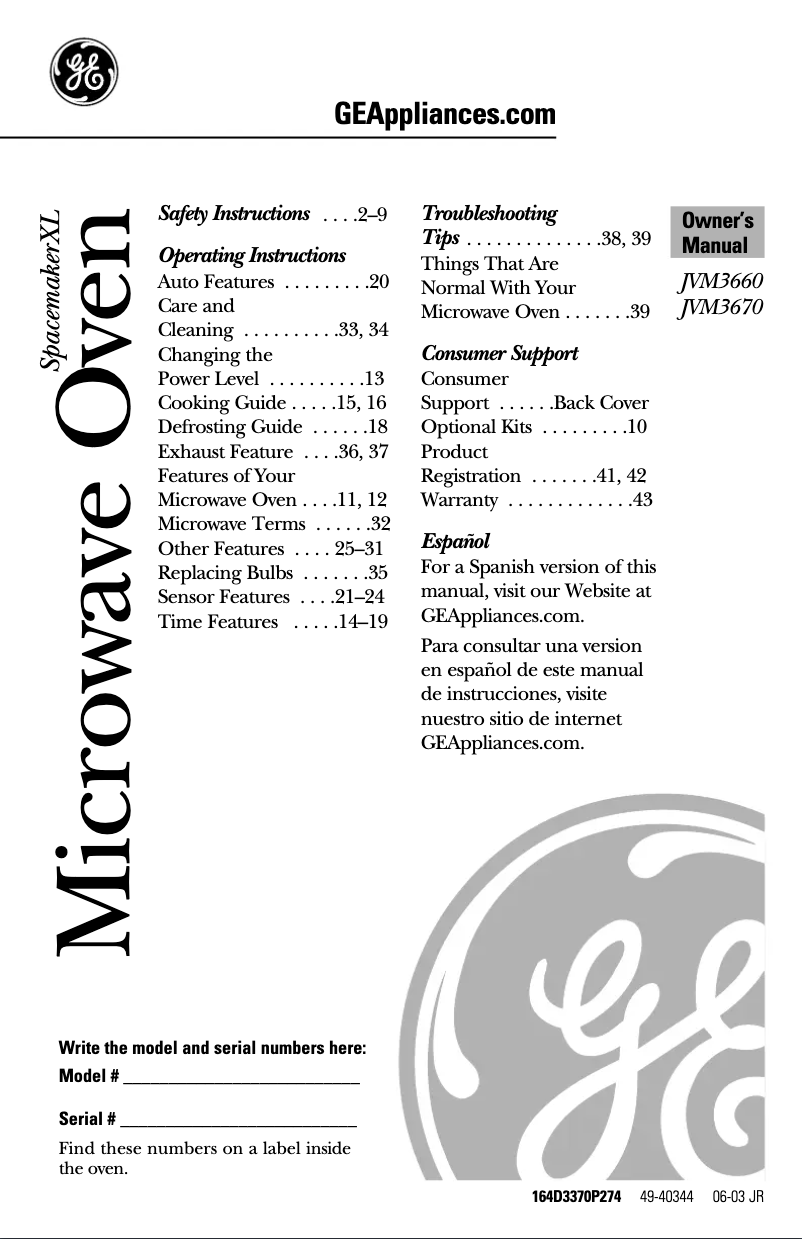 Page 1 de la notice Manuel d'utilisation et d'entretien GE Profile JVM3660BF