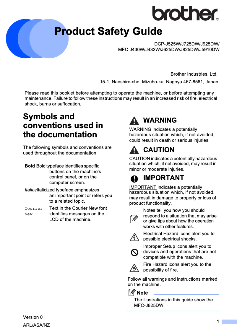 Page n°1 - Instructions de sécurité Brother DCP-J525W