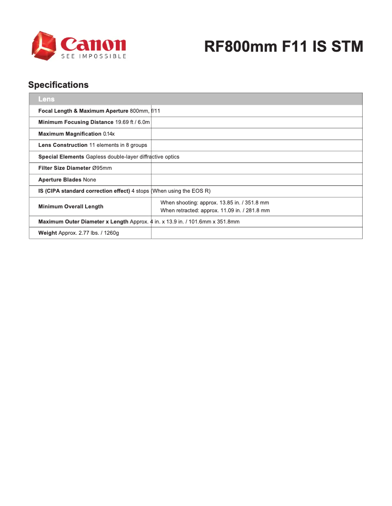 Page 1 de la notice Fiche technique Canon RF 800mm F11 IS STM