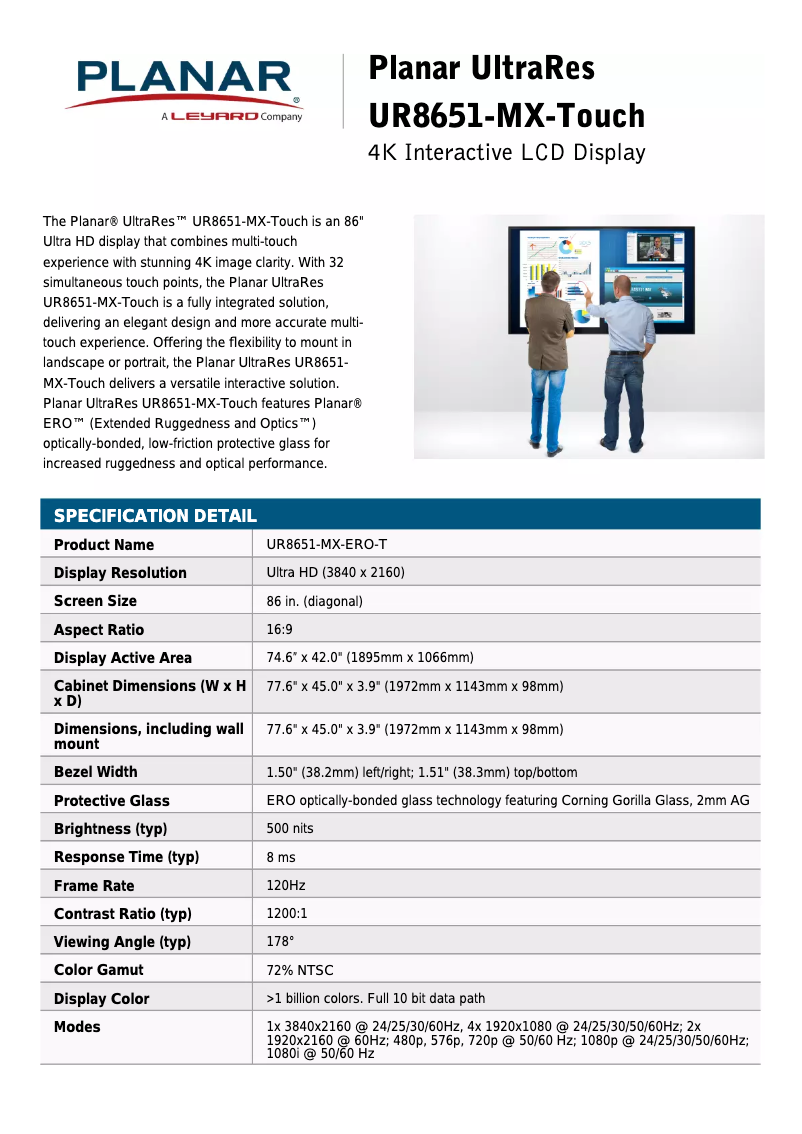 Page n°1 - Fiche technique Planar UltraRes UR8651-MX-Touch