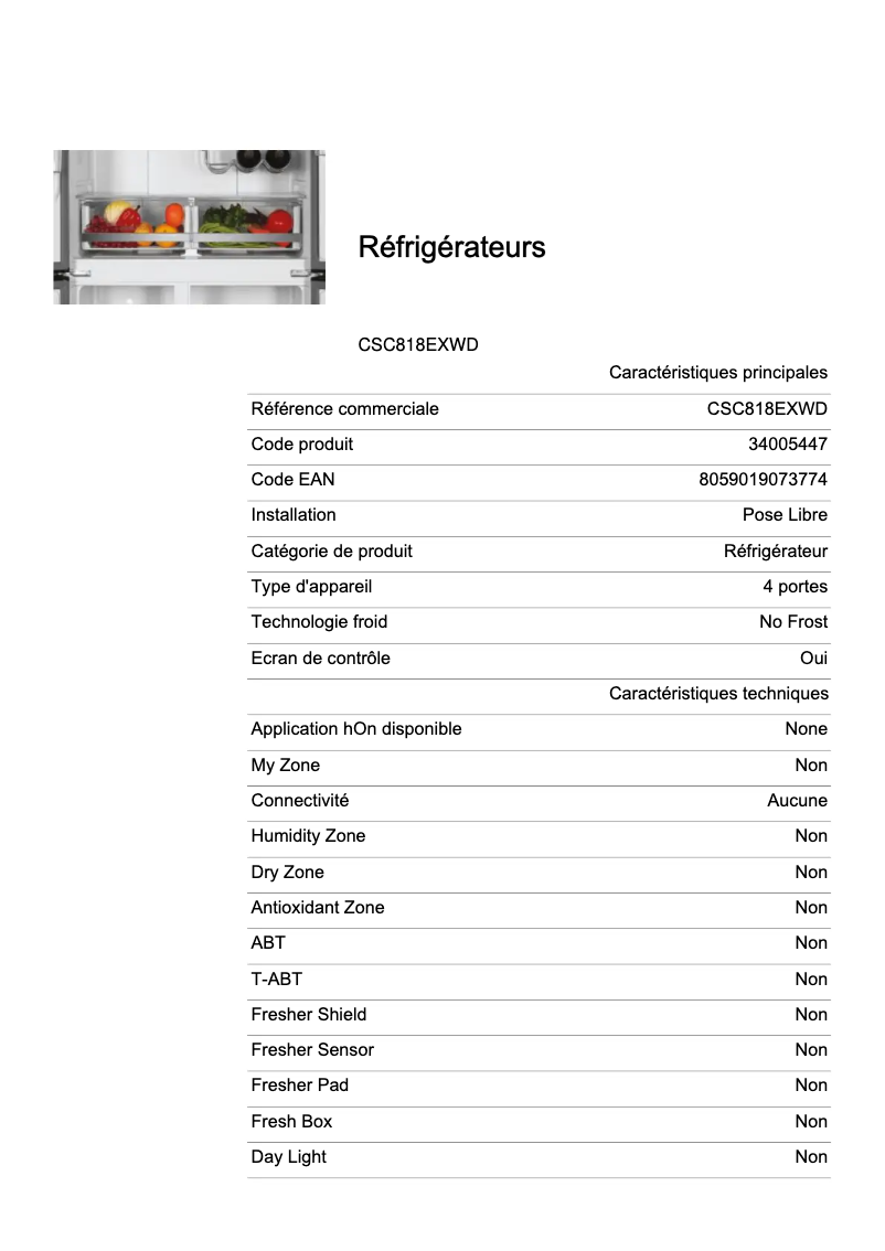 Page 1 de la notice Fiche technique Candy CSC818EXWD