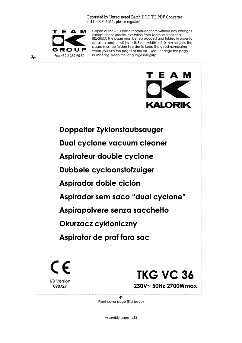 Page 1 de la notice Manuel utilisateur Kalorik TKG VC 36