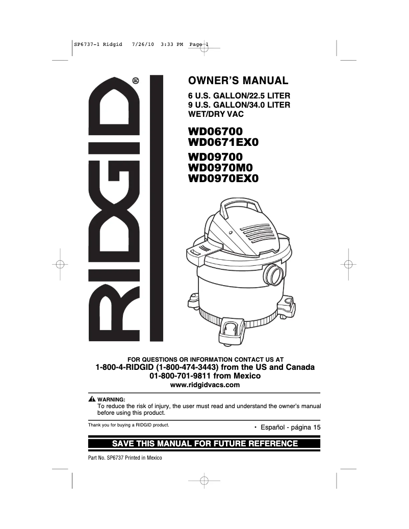 Page 1 de la notice Manuel utilisateur Ridgid WD0656BR