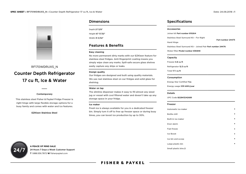 Page n°1 - Fiche technique Fisher & Paykel RF170WDLUX5N
