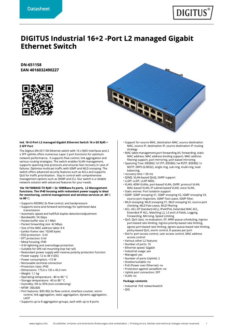 Page 1 de la notice Fiche technique Digitus DN-651158