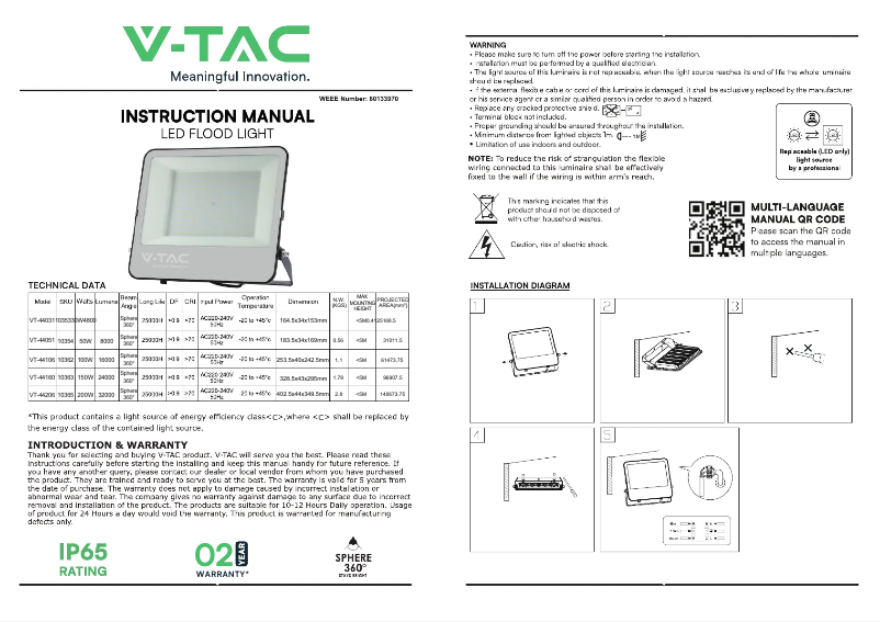 Page n°1 - Manuel utilisateur V-TAC VT-44160