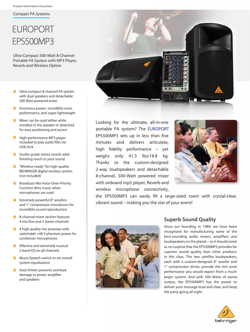 Page 1 de la notice Fiche technique Behringer Europort EPS500MP3