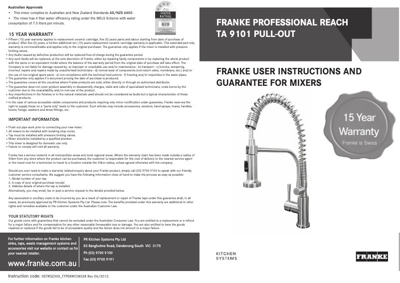 Page n°1 - Manuel utilisateur Franke TA9101